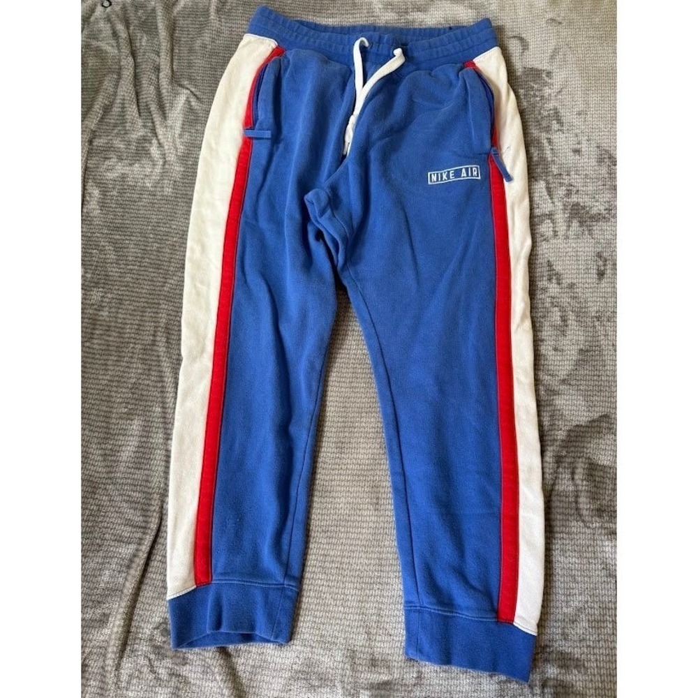 Nike Air Men XL Blue Red White Fleece Sweatpants Side Stripe Pockets 34X27